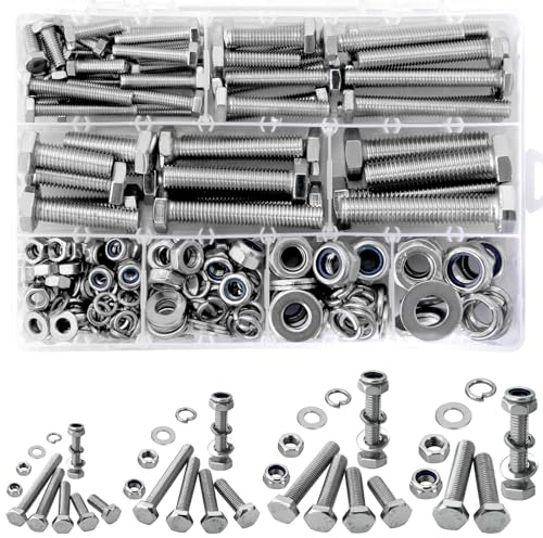 CYLBAQ Juego de 247 tuercas y pernos M6 M8 M10 M12, pernos de cabeza hexagonal de acero inoxidable, arandelas y tuercas de bloqueo, tornillos hexagonales de esquina exterior, kit surtido de pernos
