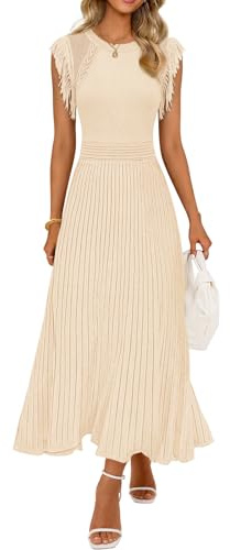 MEROKEETY Summer Sleeveless Casual Midi Dress 2026 Spring A Line Fringe Flowy Pleated Business Work Dresses, Apricot, Medium