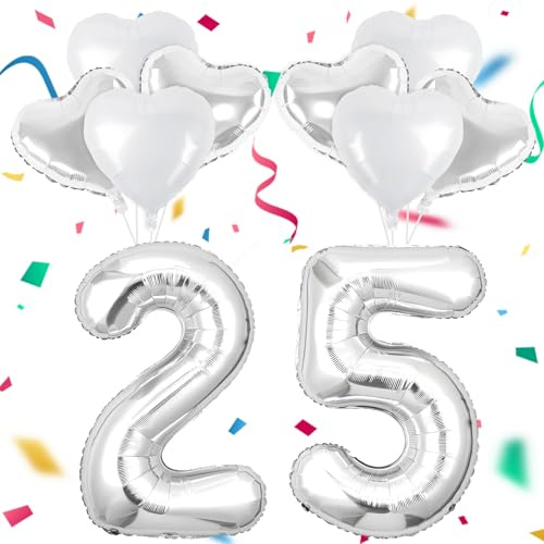 25er Ballon-Set Jubiläumsdeko, Silberhochzeit Deko, 25. Silber Folienballon Zahl mit Herz Folienballon Innen Außen für Silberne Hochzeitstag Jubiläum Feier Geburtstag Deko