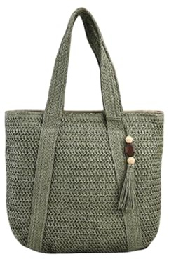 Bolsa de viaje para mujer, de paja, de gran capacidad, con lentejuelas, crochet, playa, contraste, tejido, verano, para picnic, Green, 45x36x40cm