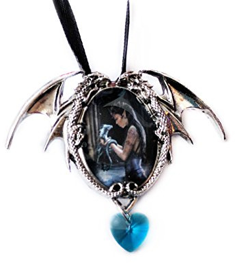 Water Dragon - Dragon Cameo Oval Cabochon Style Pendant Necklace in Double Winged Dragon Setting with Heart Style Manmade Crystal Dropper, Ribboned - Artwork by Anne Stokes