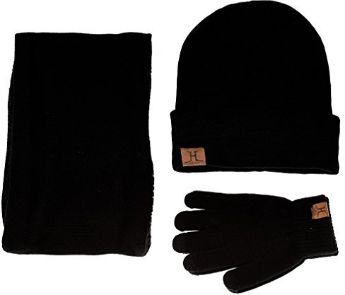 TMEOG Wintermütze Herren Mütze Schal Handschuh-Sets, Touchscreen Handschuhe Beanie Warme Mütze Strickmütze Winterschal Herren mit Fleecefutter (Schwarz)