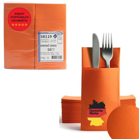 AROBA 50 Stück Vorgefaltete Airlaid Besteckservietten - 39x40 cm Stoffähnliche Einweg-Bestecktaschen mit Serviette, Robust & Besonders Saugstark - für Catering, Events, Hotel & Party - Orange