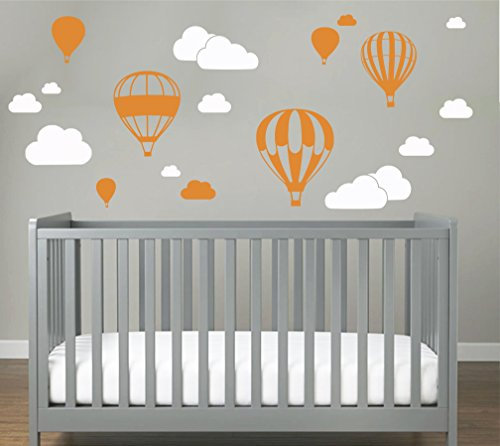 Heißluftballon mit WOLKEN SET 20 teilig Wandtattoo Wandaufkleber Sticker Aufkleber Wand Himmel Baby (Orange)