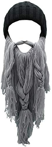 YEKEYI Wikingerbart-Mütze, Horn, Winter, warme Maske, gestrickte, lustige Kappe aus Wolle, Lgray, Einheitsgröße