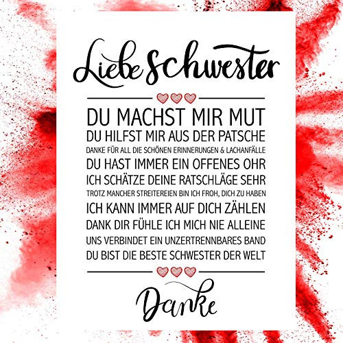Close Up Beste Schwester - Danke Zitate Poster - Deko Geschenk zum Geburtstag, Weihnachten, jeden Tag - 30 x 40 cm, Premium Qualität
