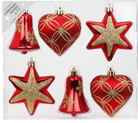 Magic 6 STK. Weihnachtskugeln Kunststoff 9cm Formen-Sortiment Glocke Herz und Stern Christbaumschmuck Weihnachtsdeko Weihnachtsschmuck rot/Gold