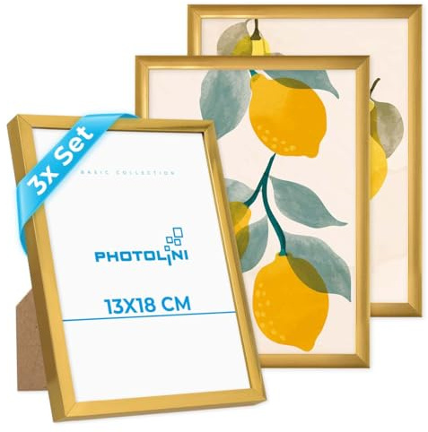 PHOTOLINI Bilderrahmen 13x18 cm Gold, 3er Set Kunststoff-Rahmen schmal, bruchsicheres Acrylglas, zum Aufstellen und Aufhängen, extra Zubehör - Dokumentenrahmen für Urkunden, Zertifikate & Fotos