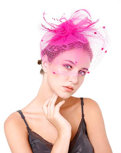 VPbao Coiffure Mariage Soirée Chapeau Bibi Voilette Femme Rose Vif
