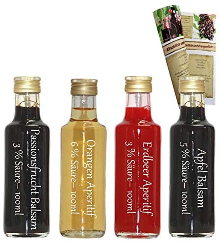 Leckeres Geschenkset & Probierset | 4 x 100ml Essig | Orangen Aperitif - Passionsfrucht Balsam Essig - Apfel Balsam Essig - Erdbeer Aperitif Essig | mit Rezeptbroschüre