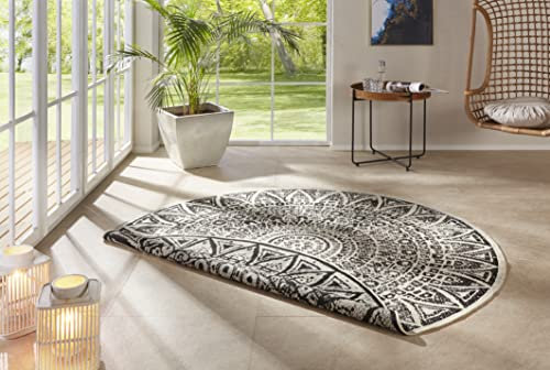 freundin Home Collection Nora In- & Outdoor Teppich Rund – Wendeteppich Wetterfest Modernes Design Runder Teppich für Balkon Terrasse Wintergarten Badteppich Wohnzimmerteppich, Schwarz Creme, 140cm