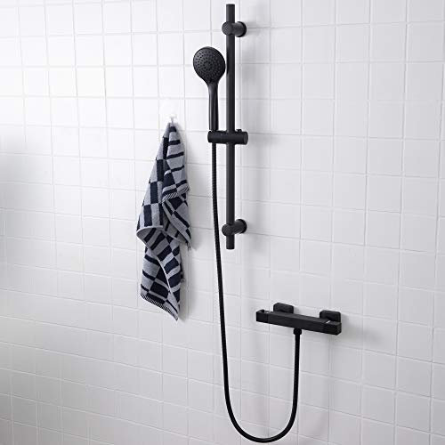SCHWÄNLEIN® Brausestangenset, Duschbrause Duschkopf Set,thermostatbatterie dusche set,Brausebatterrerie,Brausemischer (Brausestangenset schwarz mit Thermostat Brausebatterie eckig)