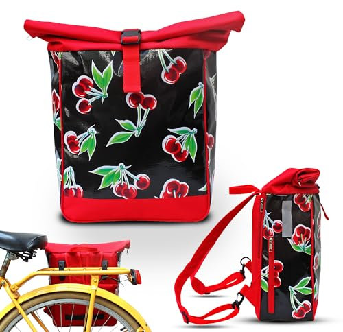 Ikuri Fahrradtasche/Rucksack Kombi Fahrradrucksack aus Wachstuch für Gepäckträger Packtasche Wasserdicht für Frauen - Modell Cerezas schwarz