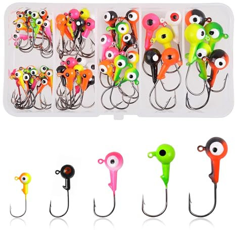 OROOTL Angel-Jigkopf-Hakenset, 60 Stück, sortiert, rund, Jigkopf mit 3D-Augen, bemalte Jigköpfe für Crappie, Barsch, Zander, 0,9 l, 1/4 Unzen, 1/8 Unzen, 1/32 Unzen, Salzwasser, Süßwasser,