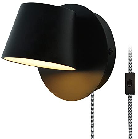LUSTORM 1 Rotatable Plug in Cord Wall Lamp Black Sconce with Switch LED Lighting for Bedroom Bedside Reading Lights, Metal Wall Mounted Fixture for Living Room Warm White(Included LED)