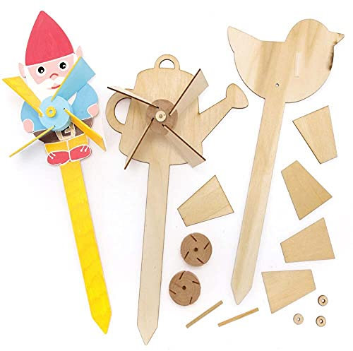Baker Ross FE516 In The Garden Wooden Windmill Kits - Pack of 4, For Kids Arts and Crafts Projects, Wooden Crafts for Children to Decorate, Personalise and Display