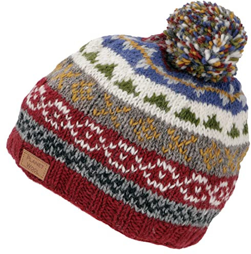 GURU SHOP Bommelmütze aus Nepal, Mütze aus Schurwolle, Wintermütze, Herren/Damen, Rostrot/blau, Size:One Size