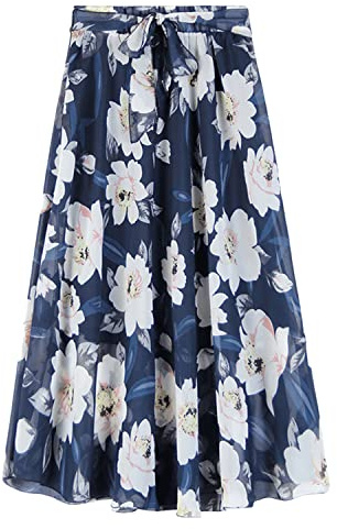 Runstarshow Damen-Midirock mit Blumenmuster, Plissee-Rock, elastische Taille, Chiffonröcke, fließender Rock, Vintage-Sommerröcke für Damen, Übergröße, hohe Taille mit Futter, Gürtel, Größe 36-52