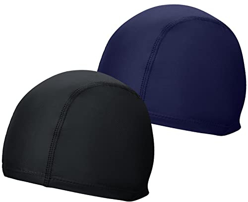 2 Pcs Elastic & Lightweight Swimming caps, Comfortable Fabric Swimming Hats for Women Men Kids and Adults, Unisex Nylon/Non-Slip Bathing Caps for Long Short Hair(Black + Navy Blue)