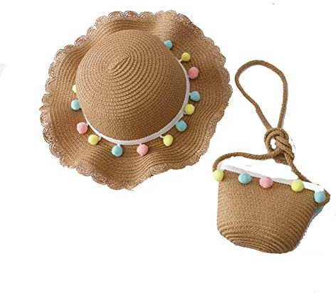 Yurosiay Sombrero de Paja para Niños Set de Verano Niña Sombrero de Sol con Bolsa de Paja Grande ala Sombrero de Playa Colorido Decoración de Pompón Sombrero de Paja niña Princesa Sombrero