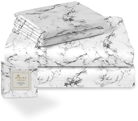 Pizuna Cotton Marble White Printed Bedding Sets Super King 400 Thread Count | 100% Long Staple Cotton Sateen Bed Sheets Includes 1 Fitted Sheet Flat Sheet 2 Pillowcases