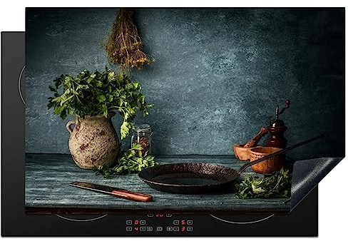 KitchenYeah© Herdabdeckplatte Einteilig Abdeckplatten Cerankochfeld | 81.6x52.7 cm - Abdeckung Ceranfeld Herdplattenabdeckung Induktionsmatte Kräuter - Gewürze - Pfanne - Messer - Grau - Rustikal