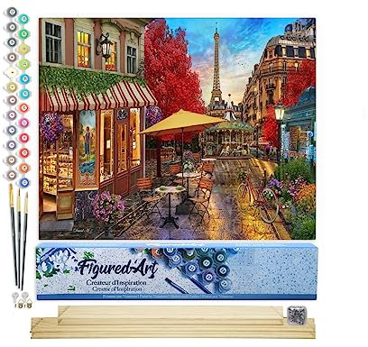 Figured'Art Peinture par Numéro Adulte Terrasse à Paris - Activité Manuelle Kit de Loisir Créatif DIY Numéro d'Art Complet - 40x50cm avec châssis en bois à monter