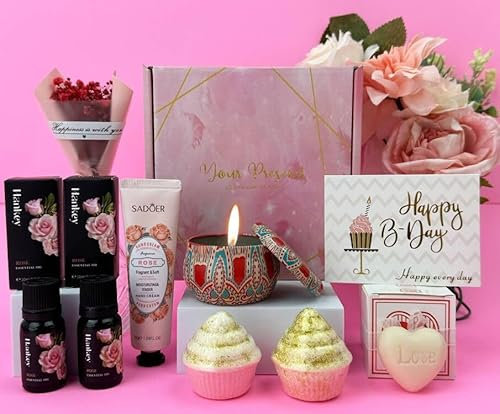Birthday Gifts for Women, Unique Happy Birthday Pamper Hampers Set, SPA Set Self Care Package, Birthday Presents Basket Birthday Box Gifts Ideas for Best Friend (Rose)