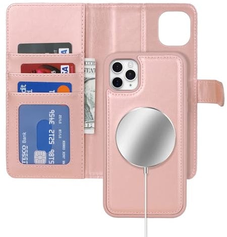 Zouzt for iPhone 11 Pro Max 6.5 Inch Detachable Wallet Case with Card Holder for MagSafe, Premium PU Leather 2 in 1 Flip Folio Book Magnetic Stand Protective Phone Cover - Rose Gold