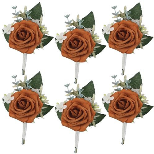 Rinlong 6Pcs Terracotta Boutonnieres with Pins for Men, Groom, Groomsmen