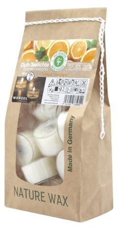 Wenzel Teelichter Duftkerze – 18 Duftteelichter Sweet Orange Duft - 7 h Brenndauer - 100% Naturwachs, Palmölfrei, Ohne Alu – Raumduft & Deko-Kerzen für Zuhause, Bar, Restaurant, Outdoor, Events