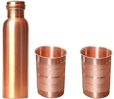 Bouteille d'eau ayurvédique en cuivre pour le sport, le fitness, le yoga, la maison, le bureau, l'hôtel et un cadeau (1 bouteille et 2 verres) (mat)