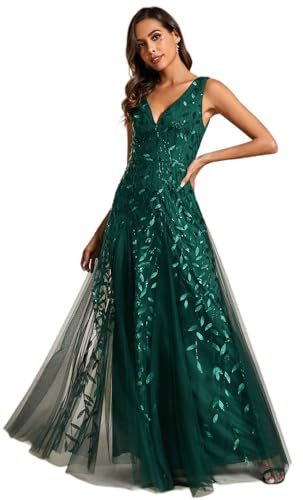 Ever-Pretty Abendkleider Langes Netz Pailletten V-Ausschnitt Hochzeitskleider Brautjungfernkleider Gästekleider Dunkelgrün 44