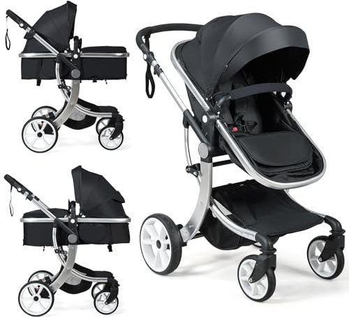 LIFEZEAL 2 in 1 Kinderwagen, Babywagen Klappbar mit verstellbarer Rückenlehne & Sonnenschutz, Reisebuggy mit Verdeck, Kombikinderwagen für Baby 0-3 Jahren (Schwarz)