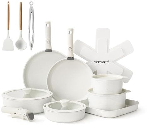SENSARTE Batterie de Cuisine 23Pcs, Lot de Casseroles et Poêles Induction avec Couvercle, Poignées Amovibles, Revêtement Antiadhésif, Empilable, Compatible Lave-vaisselle