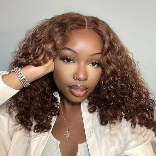 Wear to Go Perücke Damen Natürliche Echthaar Perücke Chocolate Brown Pre Cut 4x4 Lace Wig Human Hair Deep Curly Glueless Lace Frontal Bob Perücken 8 Rein