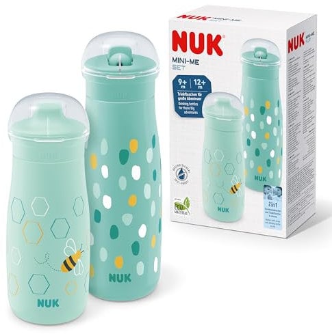 Set de tazas NUK Mini-Me para pequeños | Tazas Sip y Flip | 9-12+ meses | 300 ml y 500 ml | Botella de agua para niños | Boquilla y pajita resistentes y herméticas | Irrompibles | Lunares y abeja