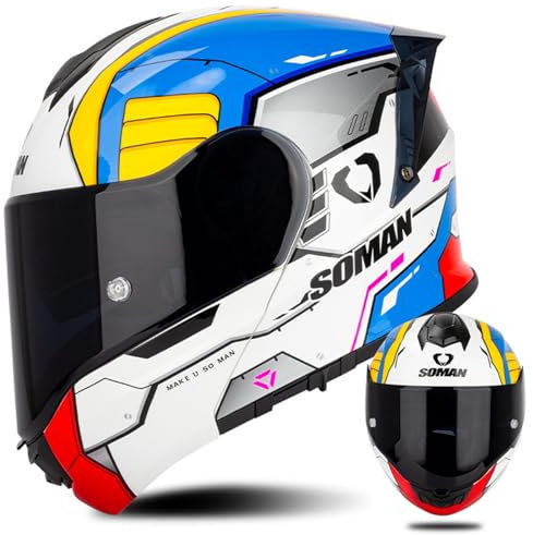 Casque De Moto Rabattable Avec Visière Teintée Et Plusieurs Aérations, Casque De Moto Intégral À Double Visière Approuvé DOT/ECE, Casque De Scooter De Course De Cyclomoteur,White blue 3,4XL 66~67cm