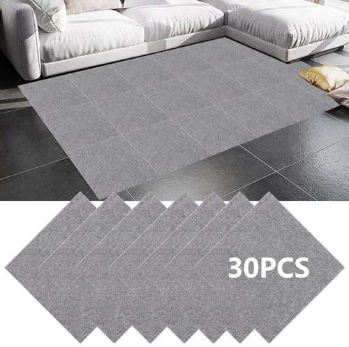 GBACHOOSE 30 Stück Teppichfliesen 30x30 cm, Teppichfliesen Selbstklebend, Teppichboden, Teppich Fliesen, Teppichfliesen Selbstliegend für Büro, Wohnzimmer, Balkon (Hellgrau)