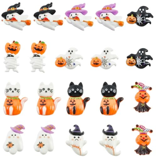 SUNNYCLUE 60 Stück 10 Stile Geister Harz Anhänger Halloween Cabochons Großpackung Verschiedene Feiertagsgeister Kürbisse Katzen Mumie Hexenhut Gruseliger Horror Cabochon Mit Flacher Rückseite Für DIY