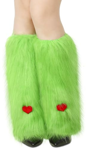 Jeere One Pair 16 Furry Fuzzy Leg Warmers Faux Lime Green Fuzzy Leg Warmers Women Fur Boot Covers Long Boots Green Leg Warmers Fluffy Leg Warmers Party Accessory Outfit for Carnival Rave Cuff Heels,