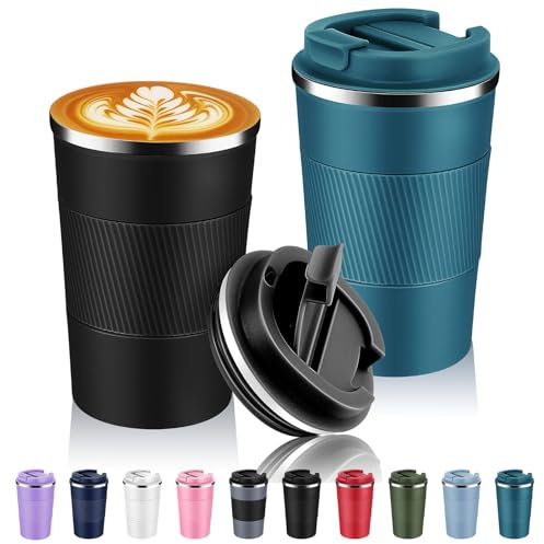 Volhoply 390 ml Edelstahl Isolierter Reise kaffeebecher mit Flip Deckel Bulk 2 Pack,Doppelwandige Vakuum Kaffeetasse,Tragbarer Auslaufsicherer Thermobecher für Heiße & Kalte Getränke(Gemischt,2)
