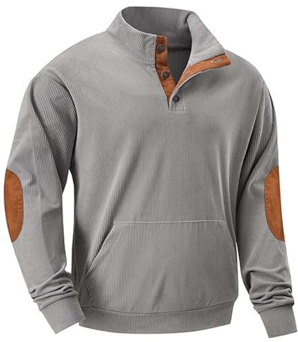 JUZILO Cord Pullover Herren V-Ausschnitt Knopf Sweatshirt 2024 Outdoor Classic Freizeit Bequem Warm Mit Tasche Ohne Kapuze