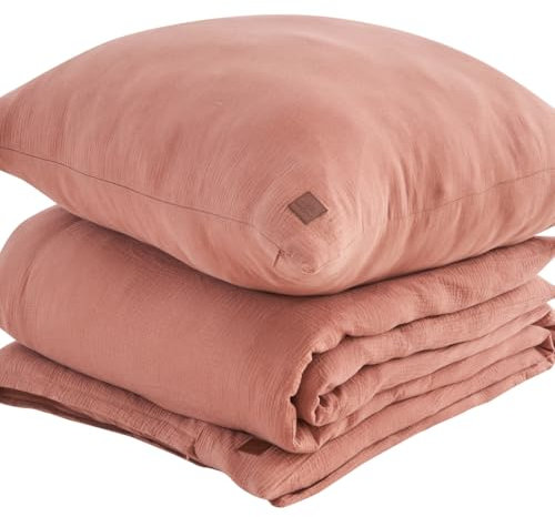 ADDSOUL Musselin Bettwäsche Set 155x220cm + 80x80cm Terracotta Bettwäsche Set Oeko Tex Knitterlook Bügelfrei Allergikerfreundlich mit Reißverschluss 100% Baumwolle Doppel Gauze