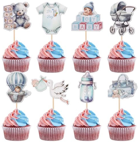 Xsstarmi 40 Pack It's a Boy Cupcake Toppers Double Sided Balloon Bottle Jumpsuit Stroller Bear Cupcake Picks Decoration for Gender Reveal Theme Baby Shower Boy's Birthday Party Cake Decorations Blue