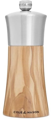 Cole & Mason Bromley Pepper Mill, Ceramic Mechanism with Adjustable Coarseness, Olive Wood/Stainless Steel Salt Grinder, 150mm