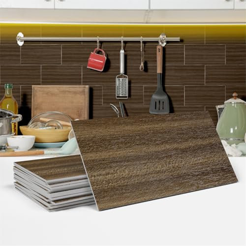 WOTZOV Fliesenaufkleber, 10 x 20 cm, Fliesenaufkleber in brauner Holzoptik für Küche und Bad, zum Aufkleben auf Wandfliesen, Wandfliesen aus Vinyl, Heimdekoration, selbstklebend,16 STK