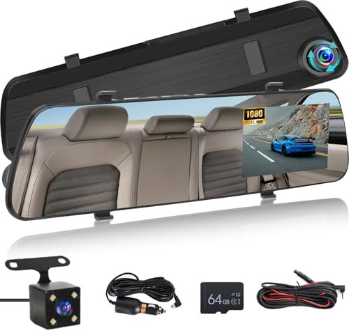 Telecamera per specchietto retrovisore con scheda TF da 64G, touch screen da 4 pollici 1080P/registrazione loop/angolo ampio 150°/visione notturna/rilevamento del movimento + telecamera di backup