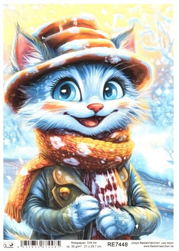 Josys Bastelmärchen Reispapier DIN A4 Strohseide Decoupage Weihnachten Kater Katze Mütze RE7448
