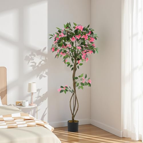 Warmiehomy Artificial Outdoor Indoor Plant 150cm 5ft Tall Faux Rhododendron Tree in Pot Realistic Fake Blossoming Tree with Flowers for Indoor Outdoor Garden Porch Home Office Decoration